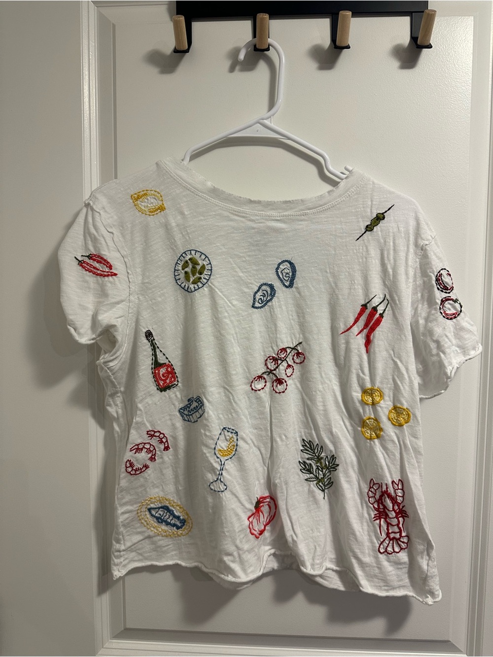 Anthropologie White Short-Sleeve Tee with Colorful Food Embroidery